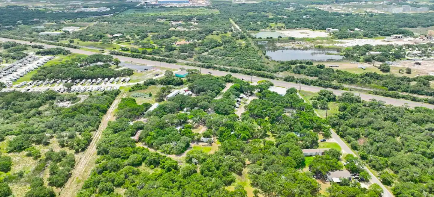 Panoramic aerial of Indian Trails RV Park and Highway 361 in Ingleside, Texas